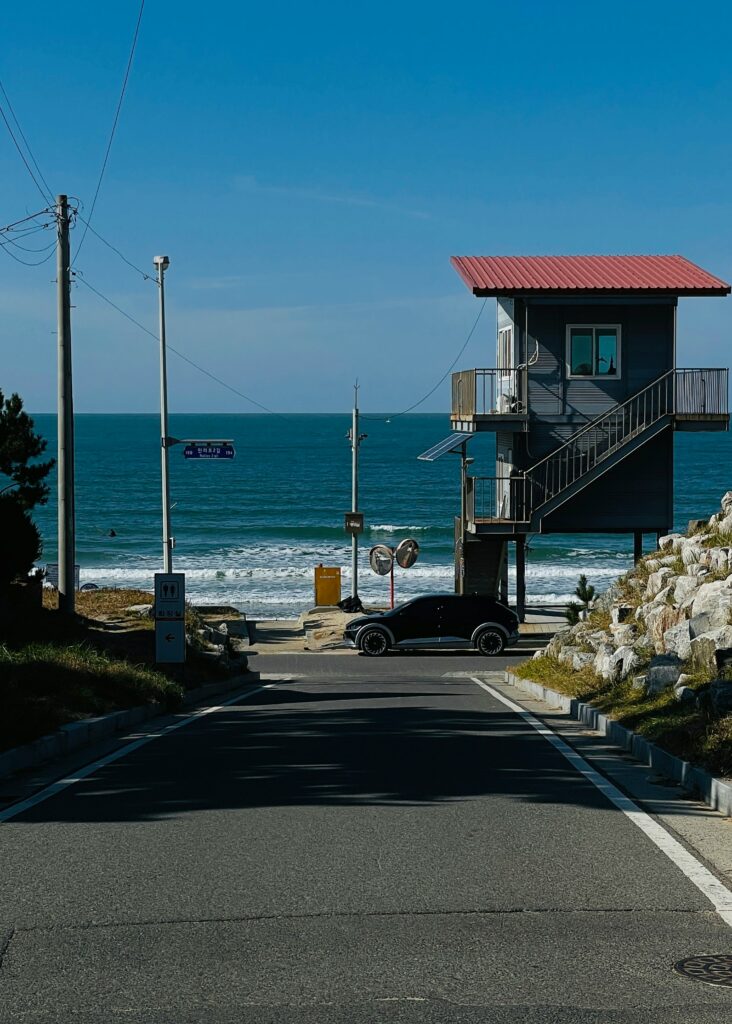 View from a street to the sea on a sunny day