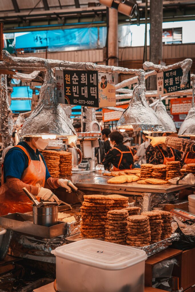 Korean street food market full of people