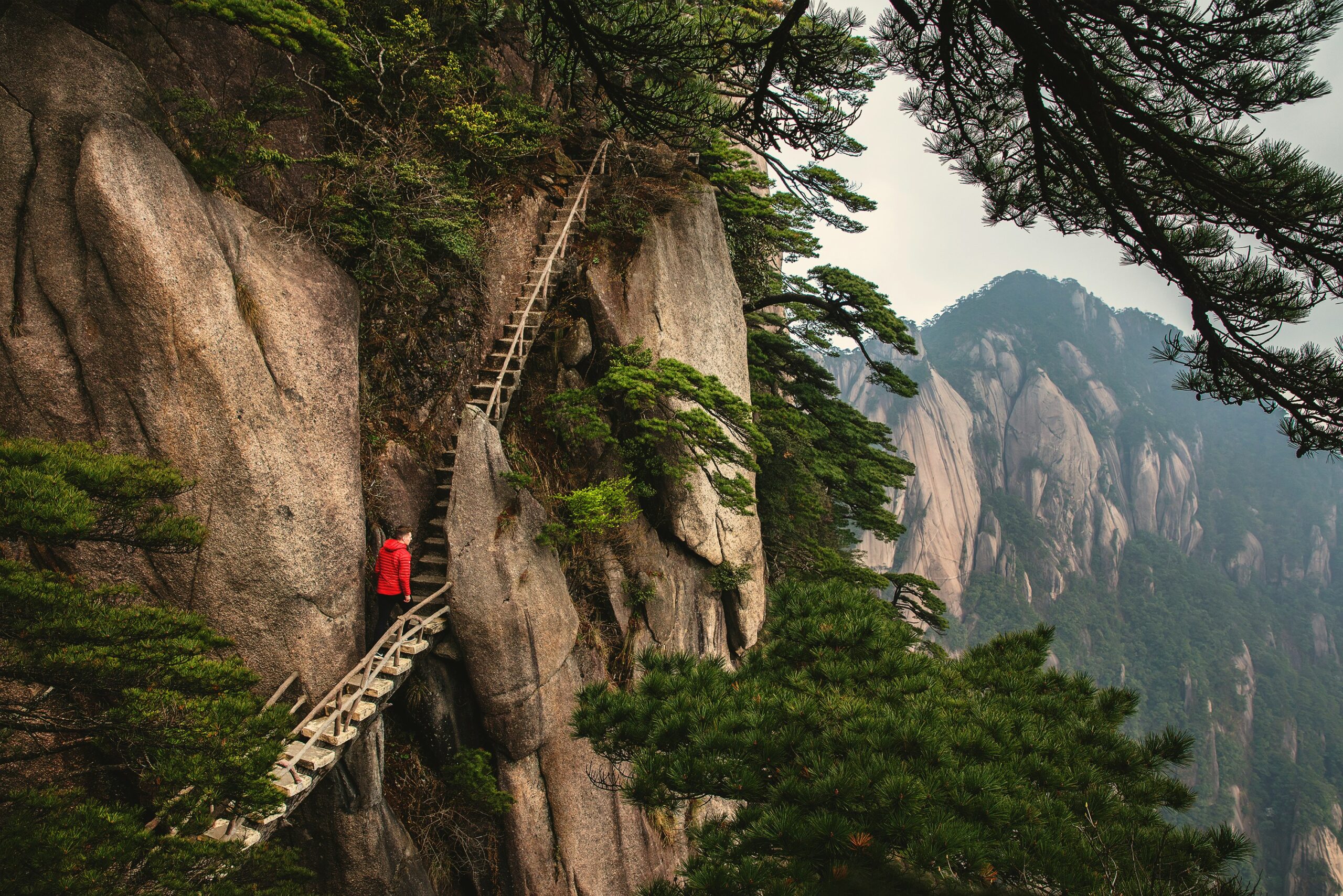 A person in a red jacket is climbing a staircase in the mountain