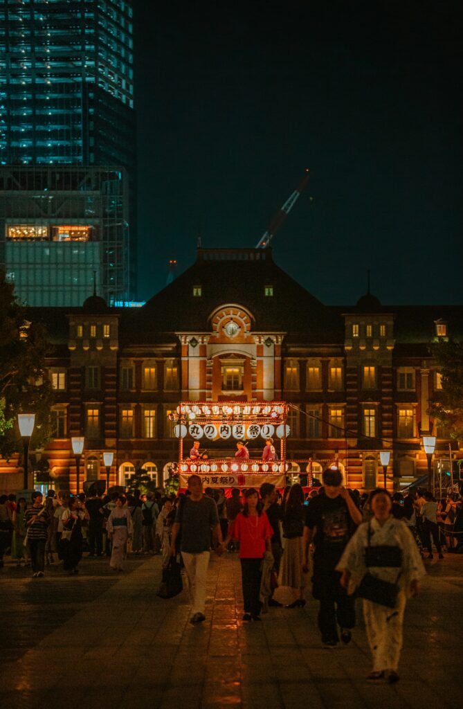 Fukuoka by night with many Japanese lanterns