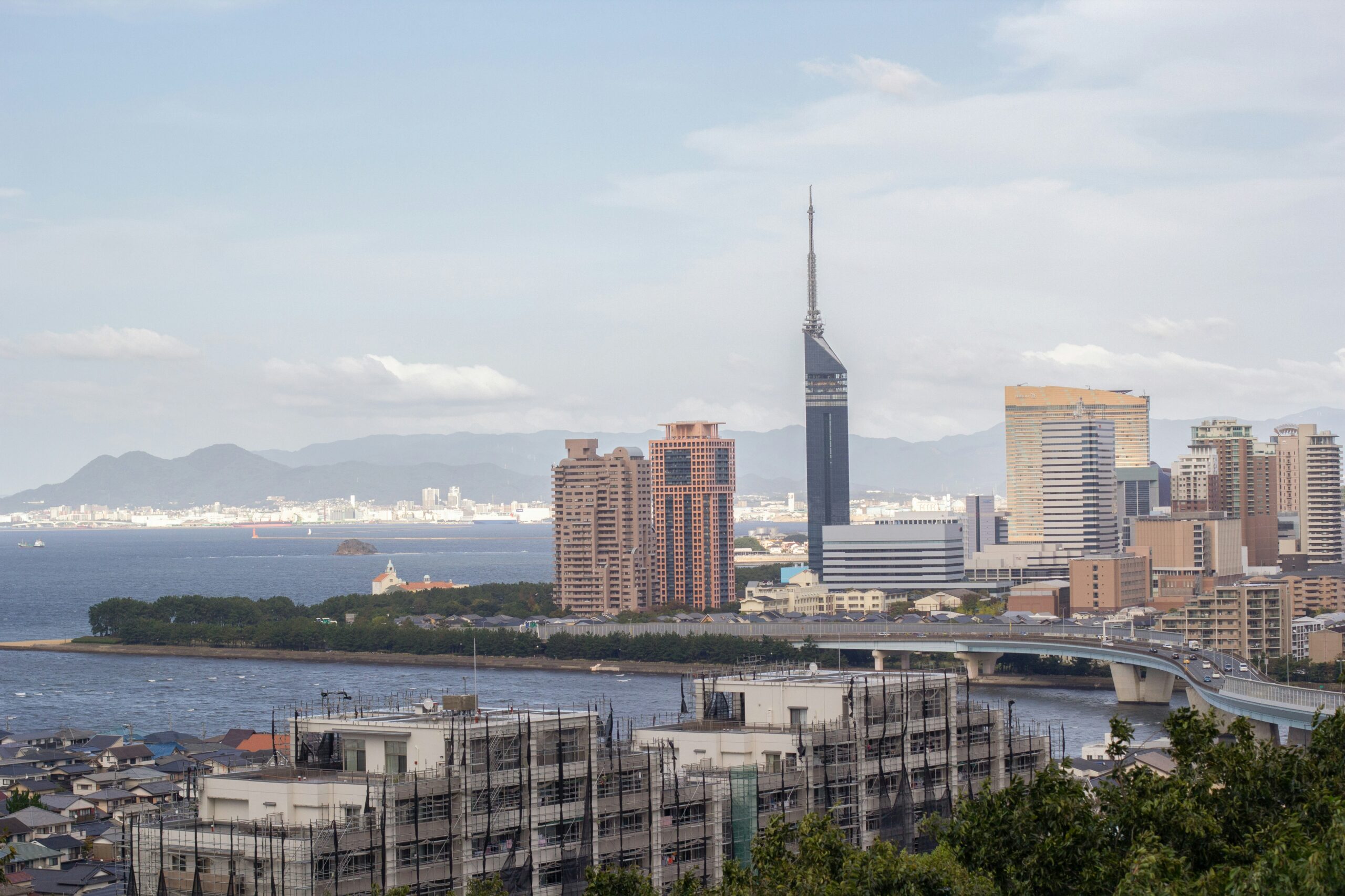 View from above of Fukuoka and the sea in the background